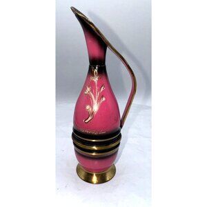 Vintage Israeli Brass & Pink Enamel Decorative Vase/Pitcher 9" Floral Design